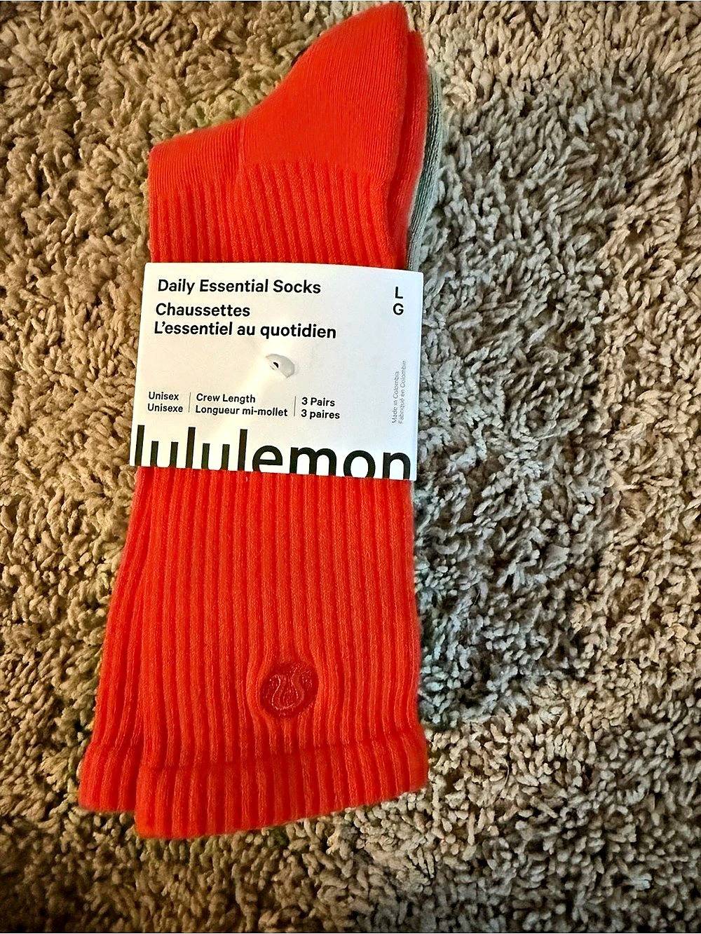 Daily Essential Socks 3-Pair Crew Socks in Orange & White L/G NWT